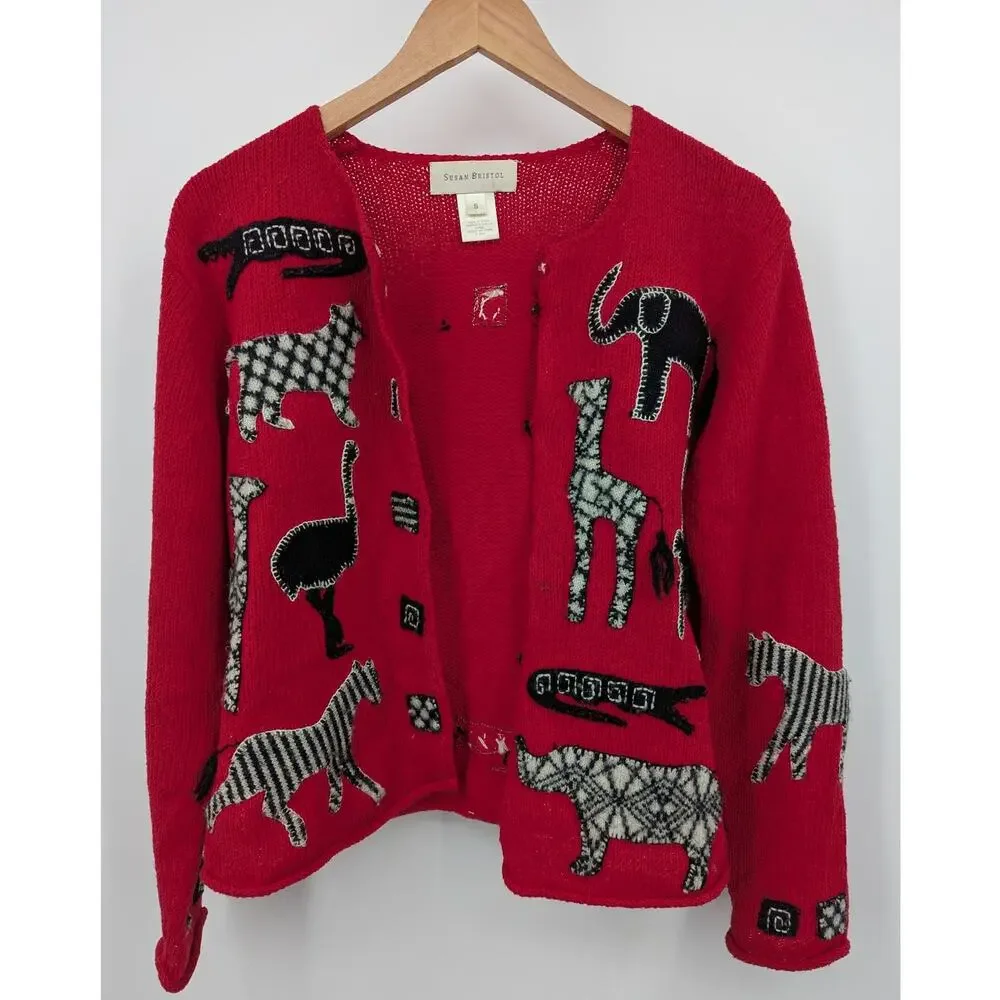 Susan Bristol Red Knit Animal Appliqué Cardigan Sweater Size S 2000 Vintage - Picture 2 of 5